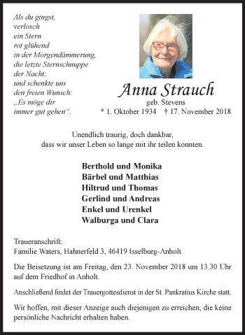 Traueranzeige von Anna Strauch von Stadtanzeiger Emmerich/Rees/Isselburg