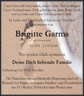 Traueranzeige von Brigitte Garms von Wochen-Anzeiger Duisburg