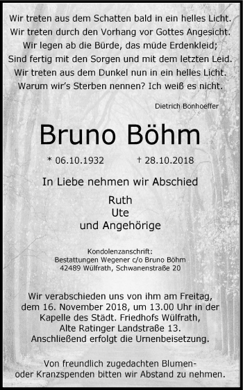 Traueranzeige von Bruno Böhm von Stadtanzeiger Velbert + Heiligenhaus