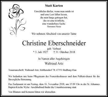 Traueranzeige von Christine Eberschneider von Klever Wochenblatt