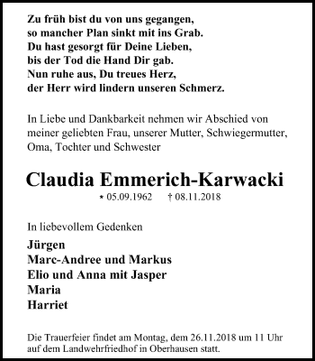 Traueranzeige von Claudia Emmerich-Karwacki von Mülheimer Woche