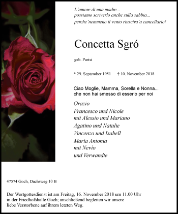 Traueranzeige von Concetta Sgró von Gocher Wochenblatt