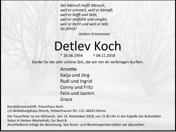Traueranzeige von Detlev Koch von Wochenblatt Herne/Wanne-Eickel