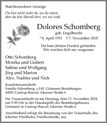 Traueranzeige von Dolores Schomberg von Stadtanz.Castrop-Rauxel
