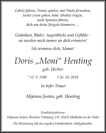 Traueranzeige von Doris Henting von Mülheimer Woche