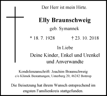 Traueranzeige von Elly Braunschweig von Stadtspiegel Bottrop