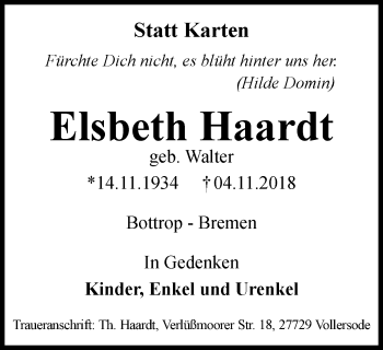 Traueranzeige von Elsbeth Haardt von Stadtspiegel Bottrop