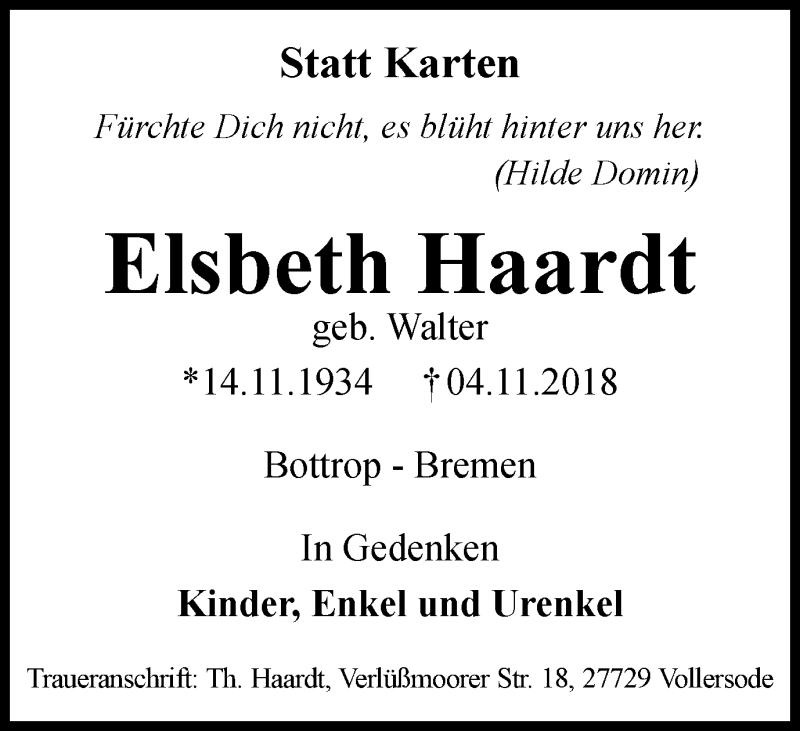  Traueranzeige für Elsbeth Haardt vom 10.11.2018 aus Stadtspiegel Bottrop