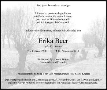 Traueranzeige von Erika Beer von Klever Wochenblatt