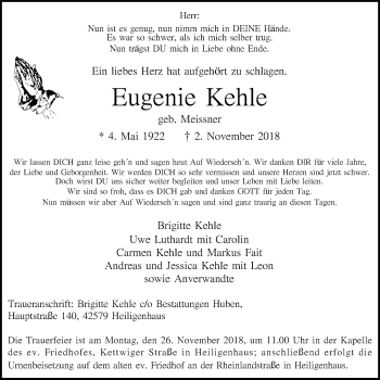 Traueranzeige von Eugenie Kehle von Stadtanzeiger Velbert + Heiligenhaus
