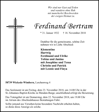 Traueranzeige von Ferdinand Bertram von Stadtspiegel Menden + Froendenberg