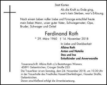 Traueranzeige von Ferdinand Roth von Stadtspiegel Gelsenkirchen