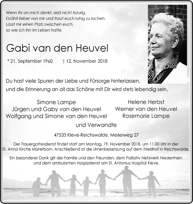  Traueranzeige für Gabi van den Heuvel vom 17.11.2018 aus Klever + Gocher Wochenblatt