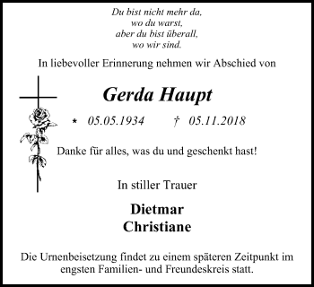 Traueranzeige von Gerda Haupt von Wochen-Anzeiger Oberhausen