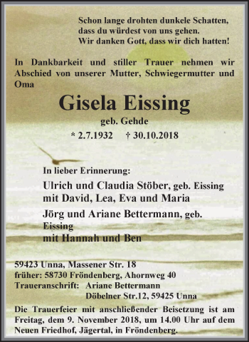 Traueranzeige von Gisela Eissing von Stadtspiegel Menden + Froendenberg