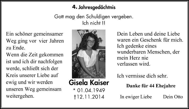  Traueranzeige für Gisela Kaiser vom 10.11.2018 aus Klever Wochenblatt