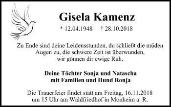 Traueranzeige von Gisela Kamenz von Wochen-Anzeiger Langenfeld/Monheim/Hilden