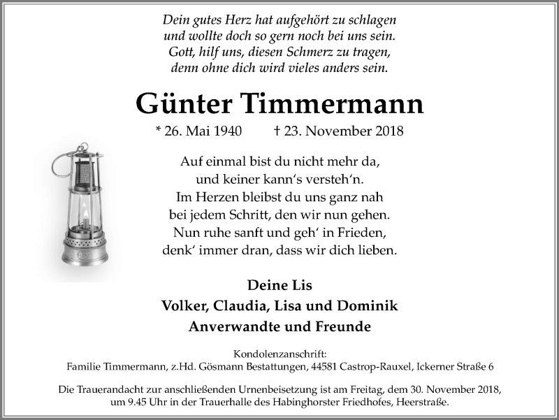  Traueranzeige für Günter Timmermann vom 28.11.2018 aus Stadtanz.Castrop-Rauxel