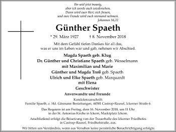 Traueranzeige von Günther Spaeth von Stadtanz.Castrop-Rauxel