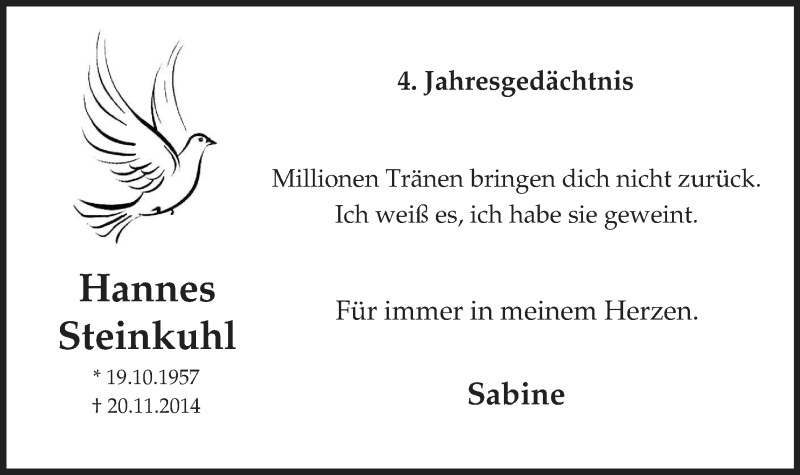  Traueranzeige für Hannes Steinkuhl vom 21.11.2018 aus Niederrhein-Anz. Dinsl./Voerde/Hünxe