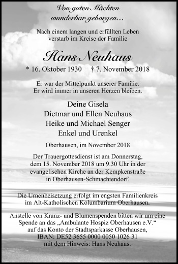Traueranzeige von Hans Neuhaus von Wochen-Anzeiger Oberhausen