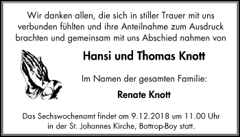 Traueranzeige von Hansi und Thomas  Knott von Stadtspiegel Bottrop