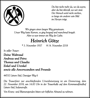 Traueranzeige von Heinrich Götze von Lüner Anzeiger