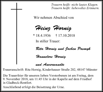 Traueranzeige von Heinz Hornig von Stadtspiegel Gladbeck