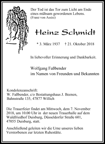 Traueranzeige von Heinz Schmidt von Wochen-Anzeiger Duisburg