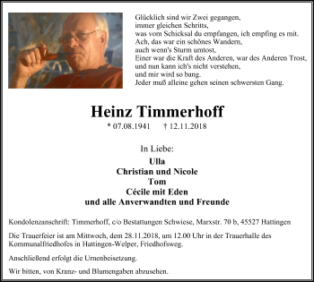 Traueranzeige von Heinz Timmerhoff von Stadtspiegel Hattingen/Niedersprockhövel