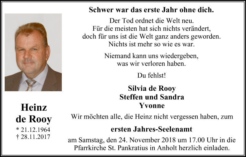  Traueranzeige für Heinz de Rooy vom 14.11.2018 aus Stadtanzeiger Emmerich/Rees/Isselburg