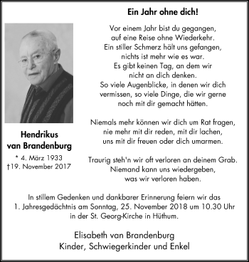 Traueranzeige von Hendrikus van Brandenburg von Stadtanzeiger Emmerich/Rees/Isselburg