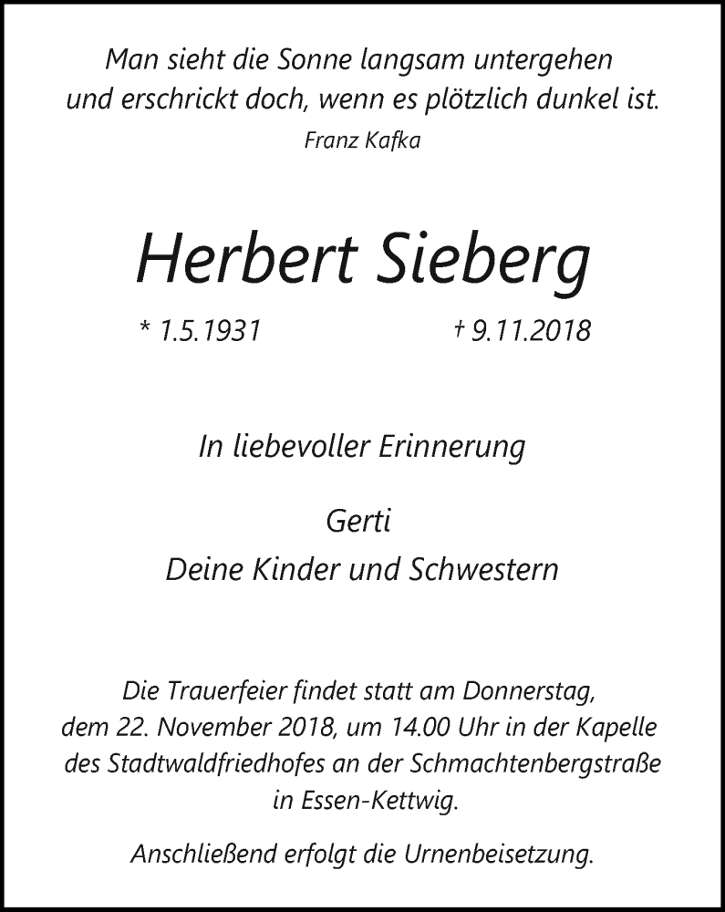 Traueranzeigen von Herbert Sieberg | Trauer-in-NRW.de