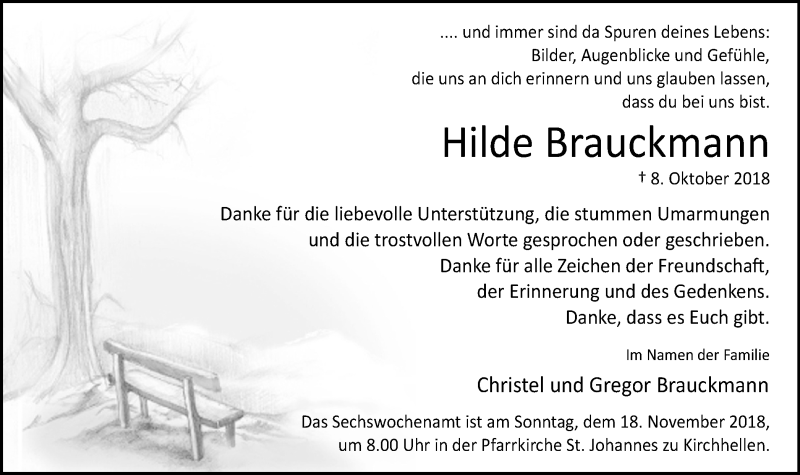  Traueranzeige für Hilde Brauckmann vom 14.11.2018 aus Stadtspiegel Bottrop