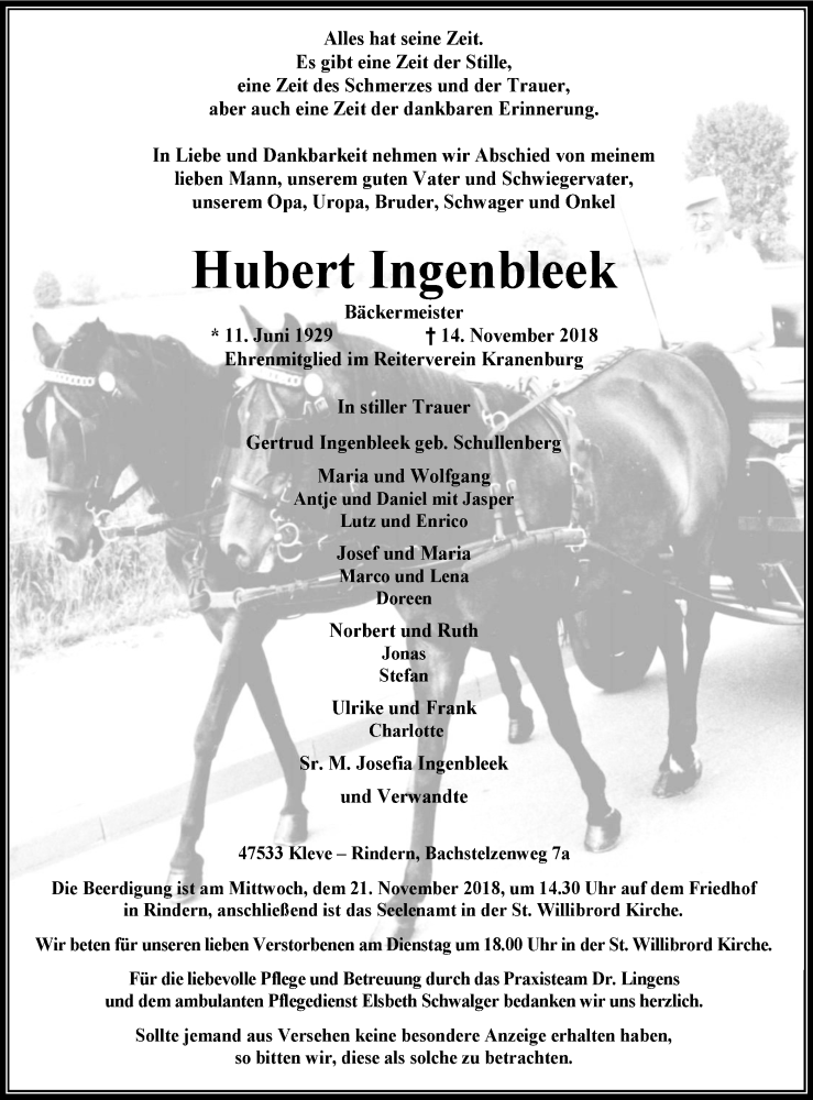  Traueranzeige für Hubert Ingenbleek vom 17.11.2018 aus Klever Wochenblatt