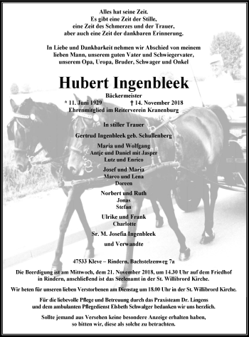 Traueranzeige von Hubert Ingenbleek von Klever Wochenblatt
