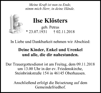 Traueranzeige von Ilse Klösters von Stadtspiegel Bottrop