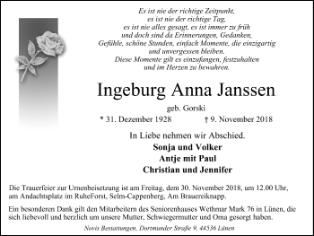 Traueranzeige von Ingeburg Anna Janssen von Lüner Anzeiger