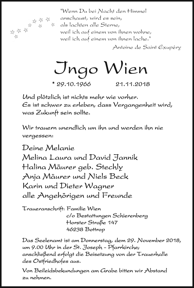  Traueranzeige für Ingo Wien vom 28.11.2018 aus Stadtspiegel Essen