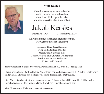 Traueranzeige von Jakob Kersjes von Klever Wochenblatt