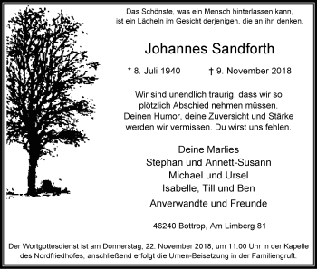 Traueranzeige von Johannes Sandforth von Stadtspiegel Bottrop