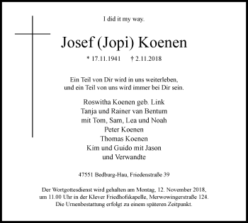 Traueranzeige von Josef Koenen von Klever Wochenblatt