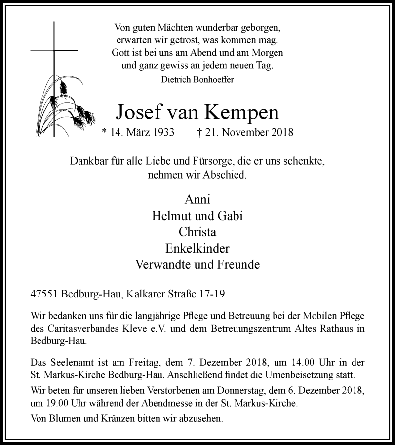  Traueranzeige für Josef van Kempen vom 28.11.2018 aus Klever Wochenblatt