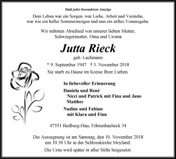 Traueranzeige von Jutta Rieck von Klever Wochenblatt