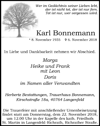 Traueranzeige von Karl Bonnemann von Wochen-Anzeiger Langenfeld/Monheim/Hilden