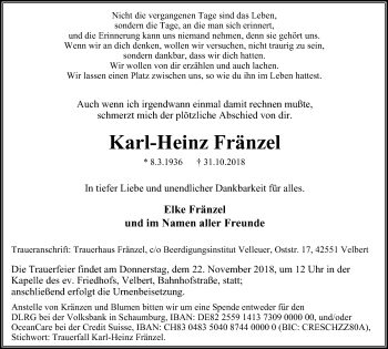 Traueranzeige von Karl-Heinz Fränzel von Stadtanzeiger Velbert + Heiligenhaus