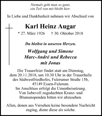 Traueranzeige von Karl Heinz Augar von West Anzeiger Essen