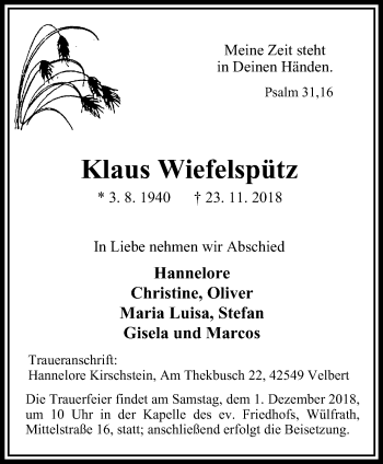 Traueranzeige von Klaus Wiefelspütz von Stadtanzeiger Velbert + Heiligenhaus