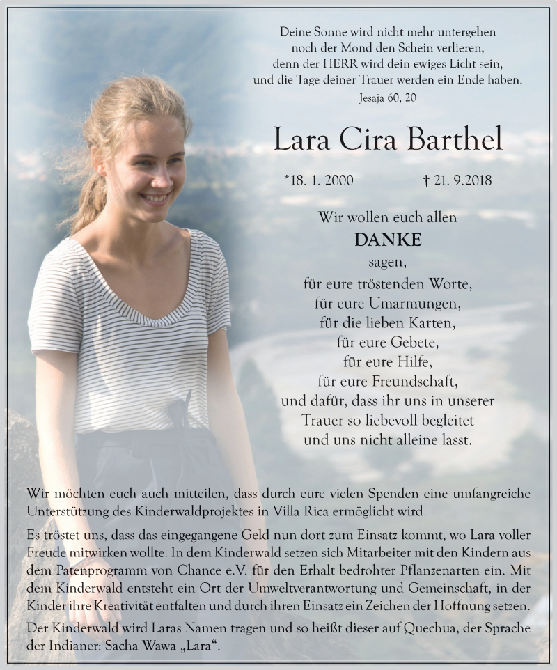  Traueranzeige für Lara Cira Barthel vom 24.11.2018 aus Stadtanzeiger Velbert + Heiligenhaus