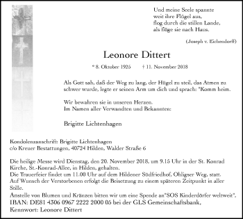 Traueranzeige von Leonore Dittert von Wochen-Anzeiger Langenfeld/Monheim/Hilden